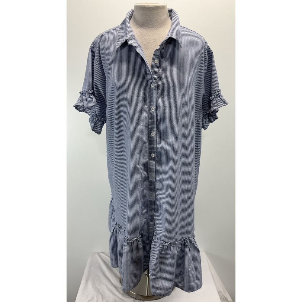 Anthropologie Meadow Rhodes Striped Shirt Dress Size 3X Plus Blue Coastal Ruffle